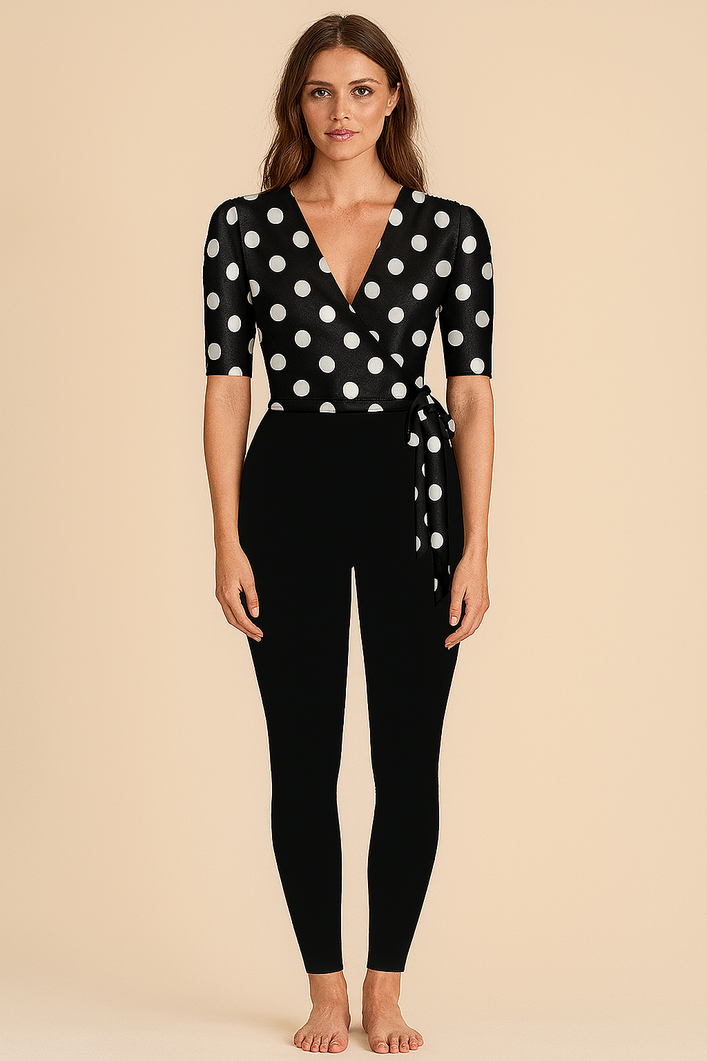 Tops | Wrapped Knot | Plunging V | Elbow Satin | Black Polka