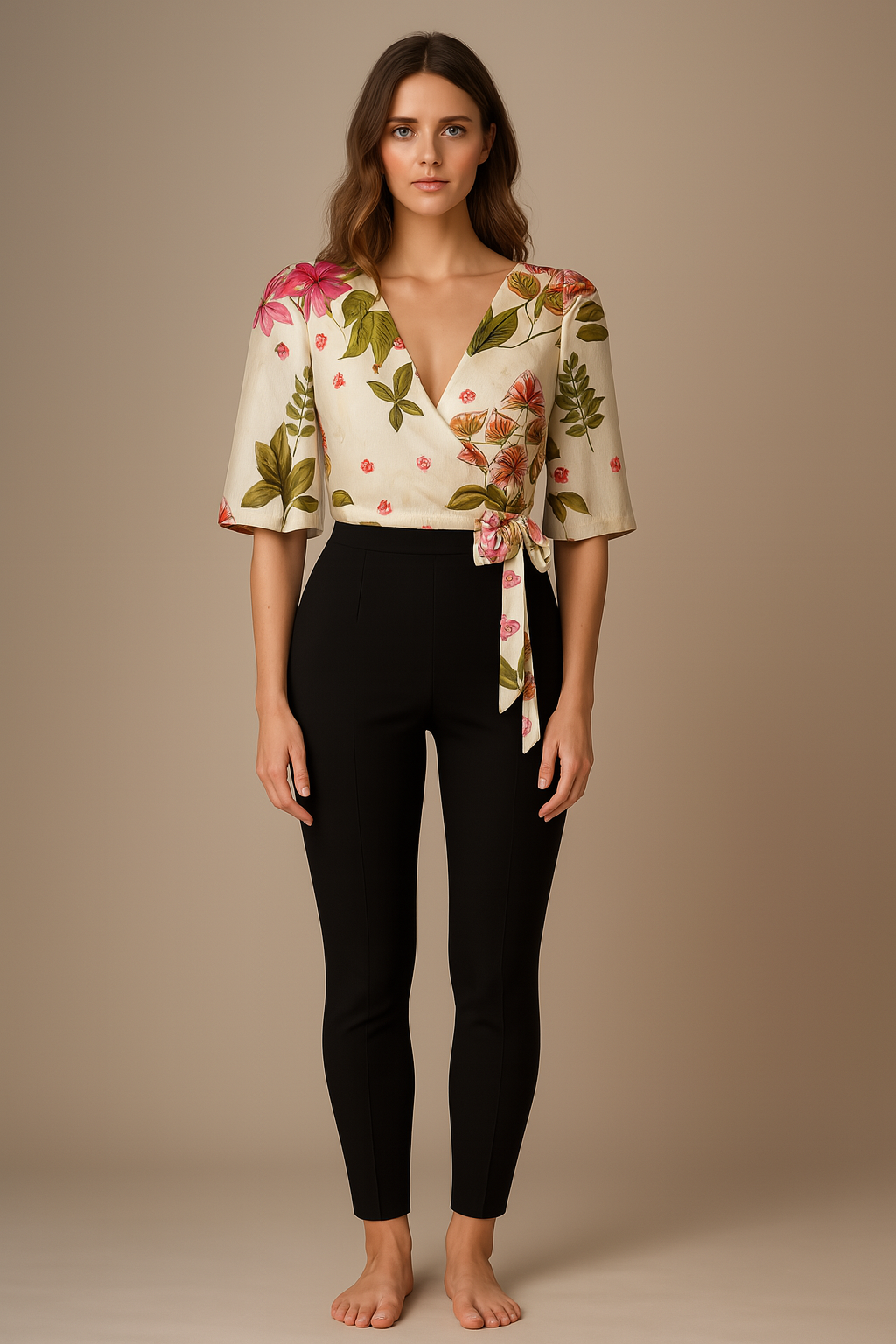 Tops | Wrapped Knot | Plunging V | Flared-Elbow Cotton | Floral