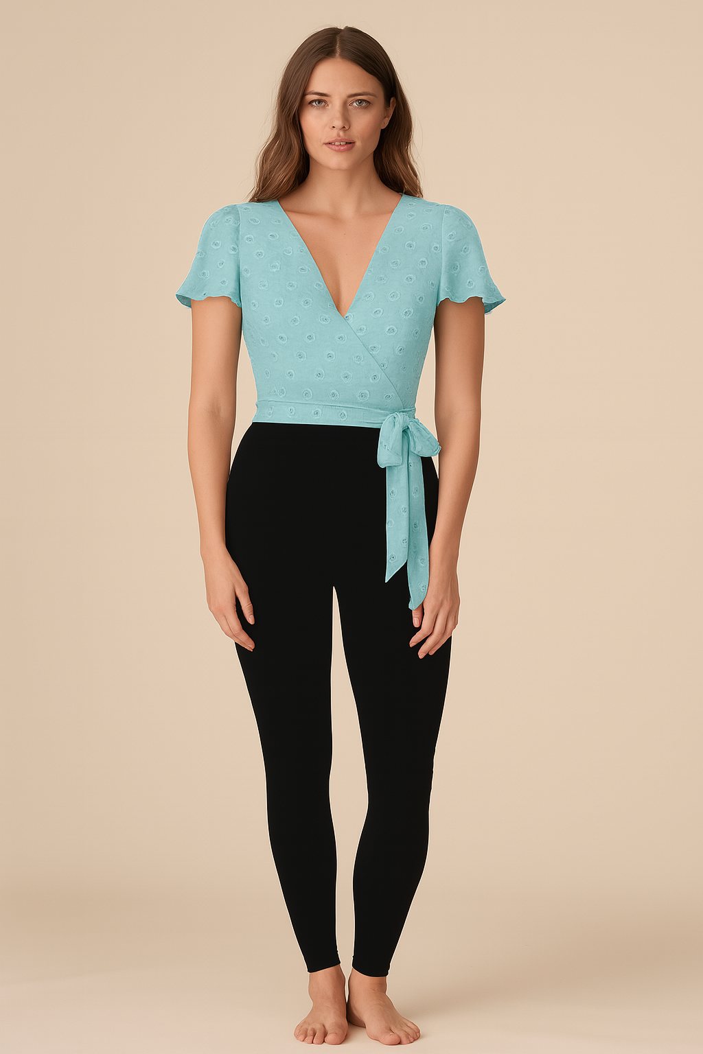 Tops | Wrapped Knot | Plunging V | Flared-Half Cotton | Baby Blue Embroidery