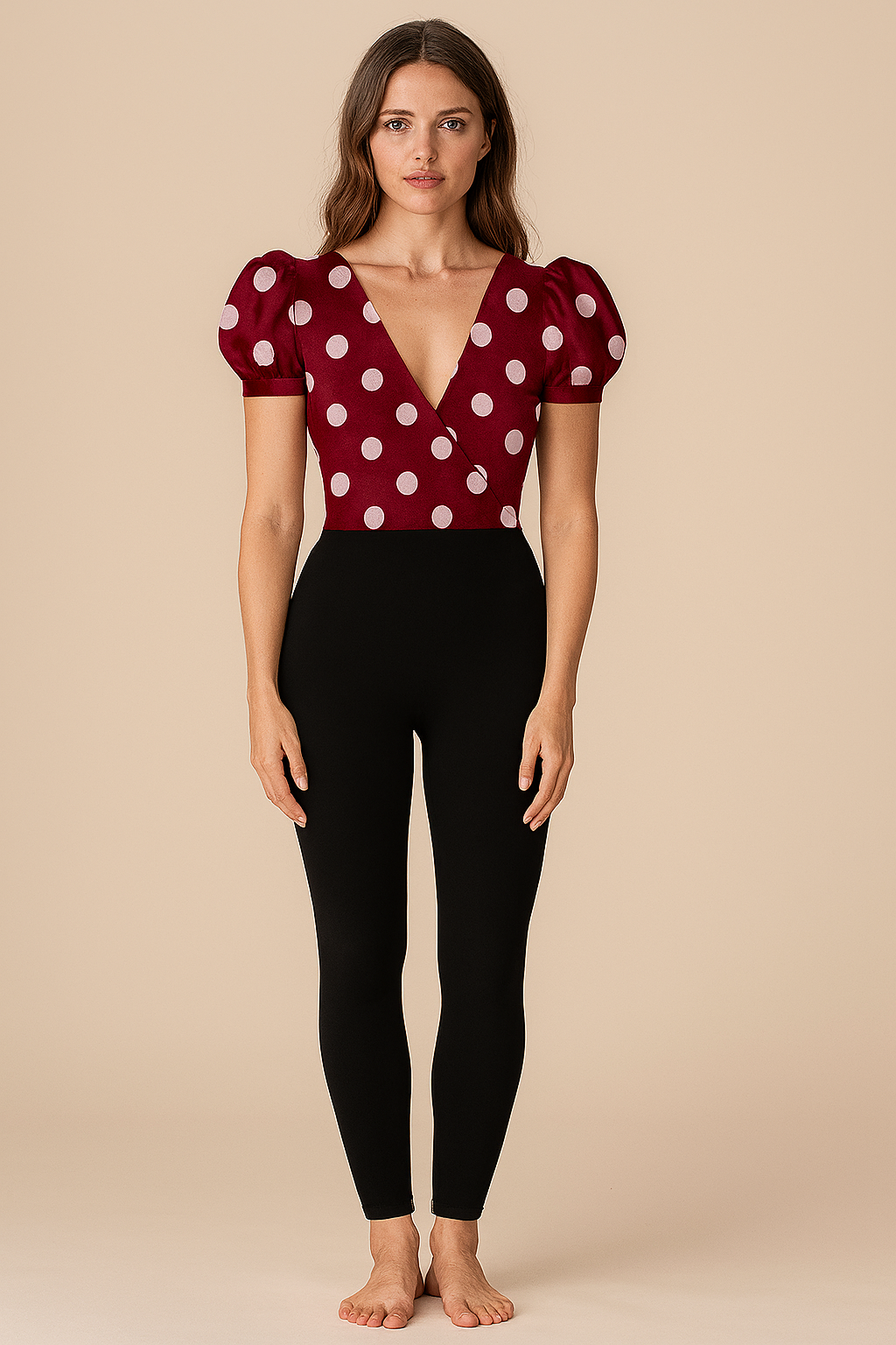 Tops | Wrapped Normal | Plunging V | Puffed Crepe | Maroon Polka