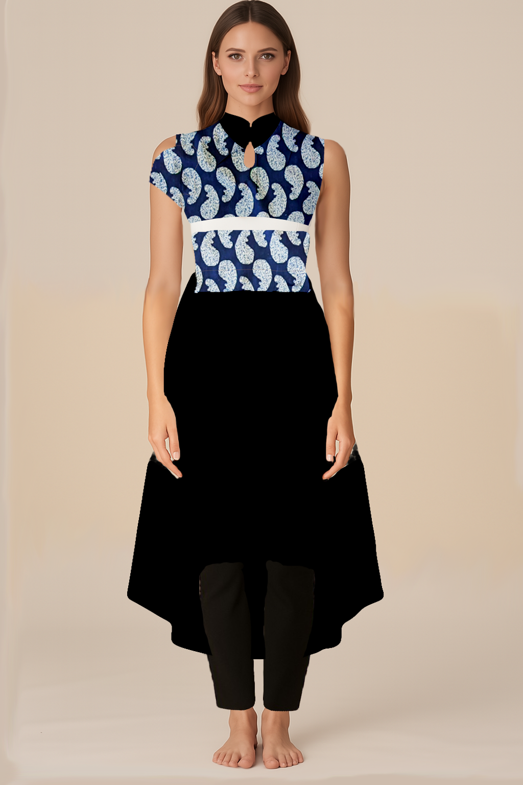 Crop Tops for Women | Empire | Collar With Buttons | Flared-Elbow | Cotton Indigo block print