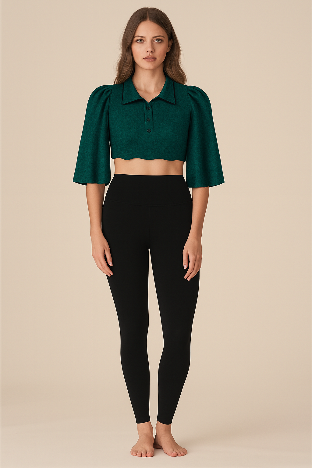 Crop Tops | Flared | Collar With Buttons | Flared-Elbow Velvet | Green