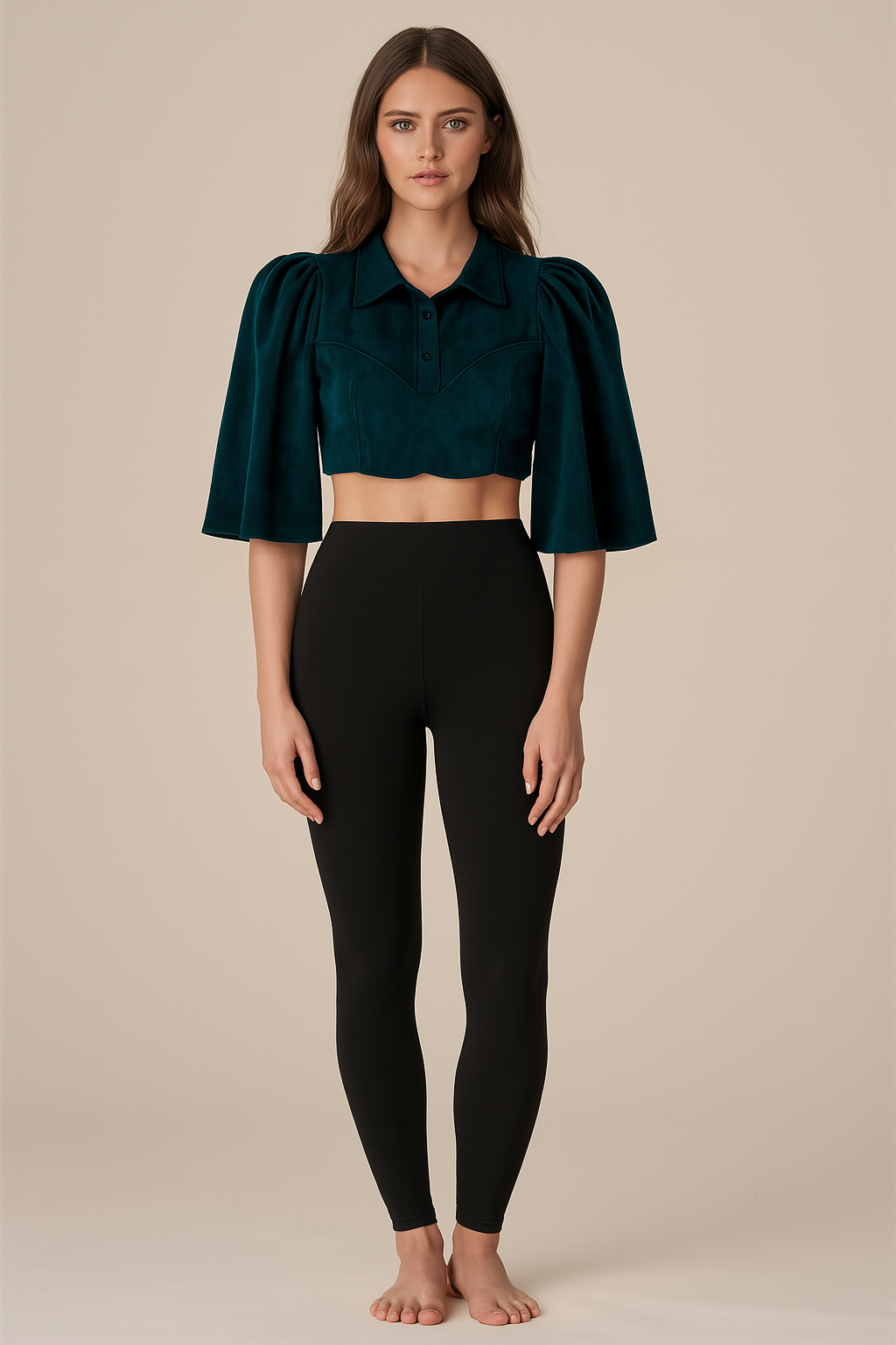 Crop Tops | Flared | Collar With Buttons | Flared-Elbow Velvet | Dark Green