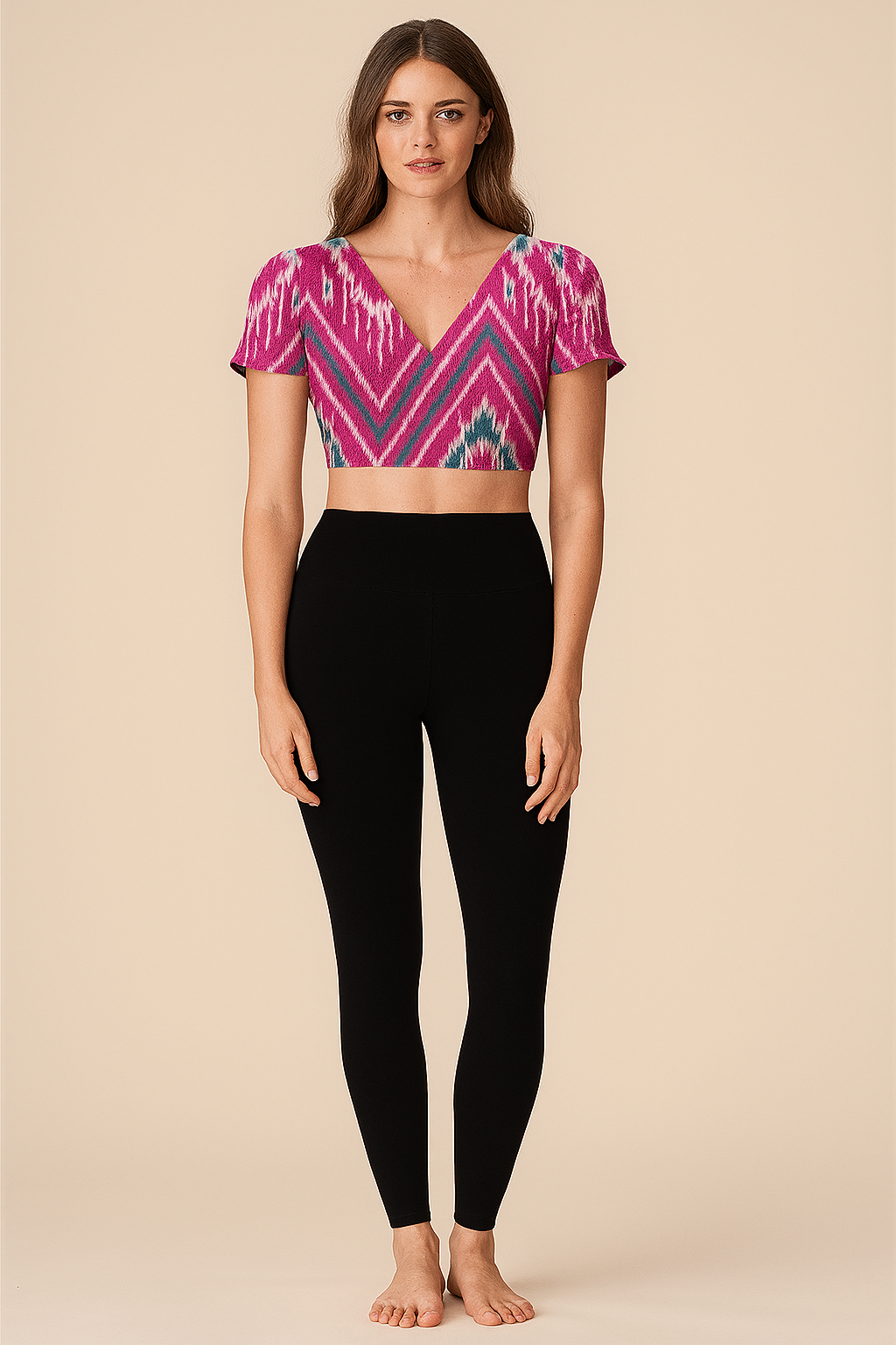 Crop Tops | Natural | V  | Flared-Half Cotton | Ikat Pink