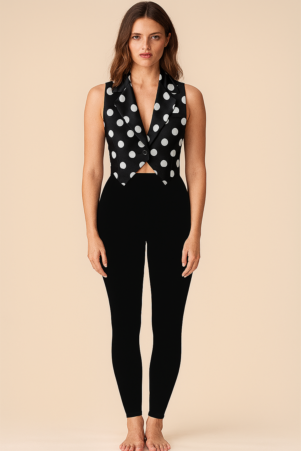 Crop Tops | Vest | Halter-V | less Satin | Black Polka