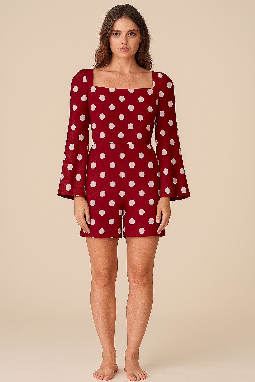 Playsuits | Blouson | Off Shoulder | Straight | Flared-Full Crepe | Maroon Polka