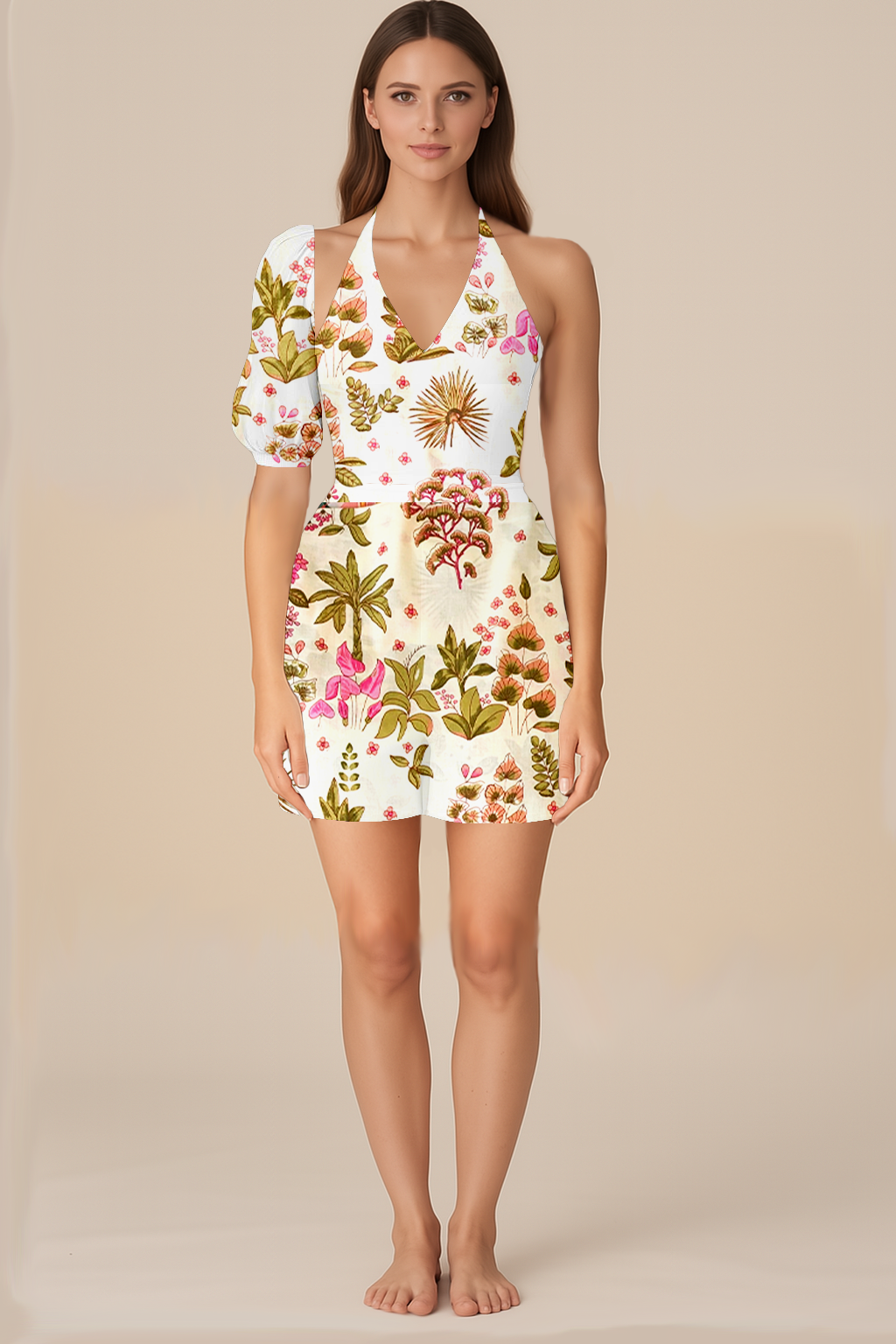 Playsuits for Women | Natural | Halter-V | Loose | One Shoulder Bishop Elbow | Cotton Floral