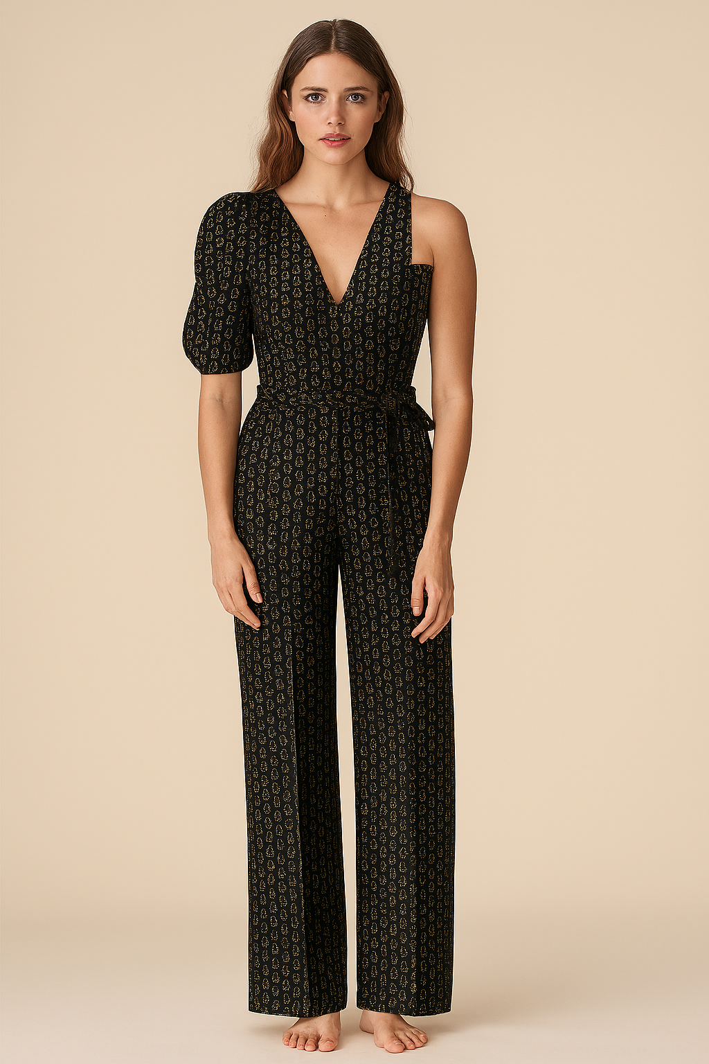Jumpsuits | Wrapped Knot | Plunging V | Flared | One Shoulder Bishop Elbow Sequin | Black