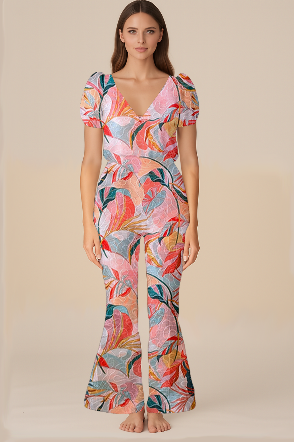 Jumpsuits for Women | Blouson | Plunging V | Bell | Puffed | Georgette Tropical pink