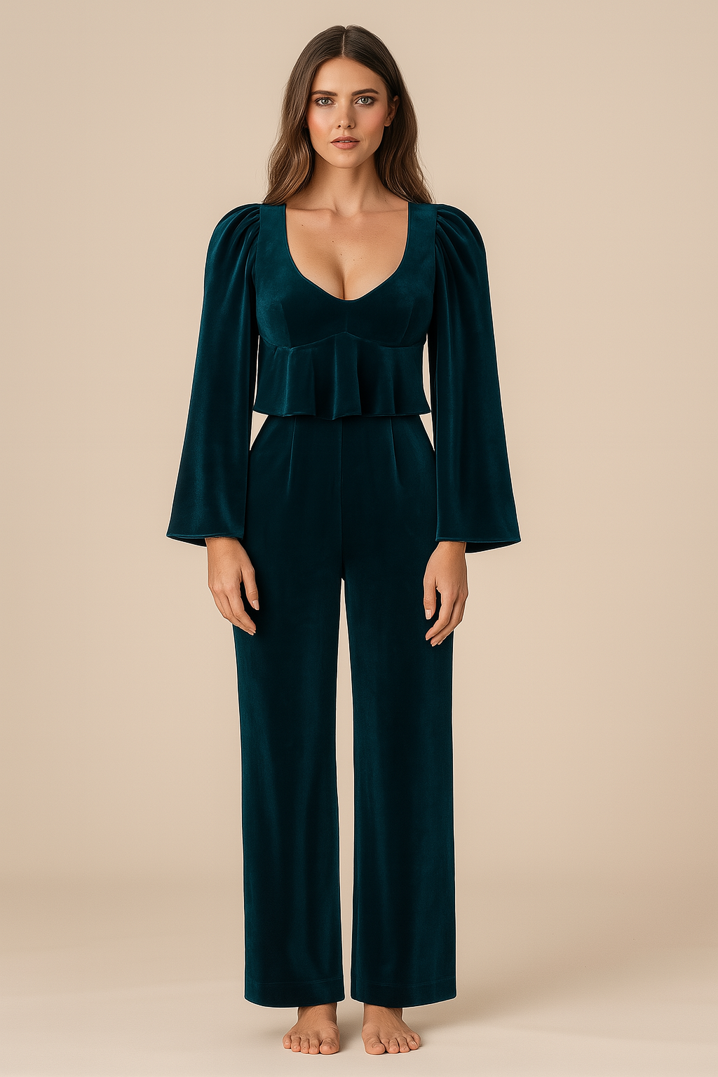 Jumpsuits | Flared | Deep U | Flared | Flared-Full Velvet | Dark Green