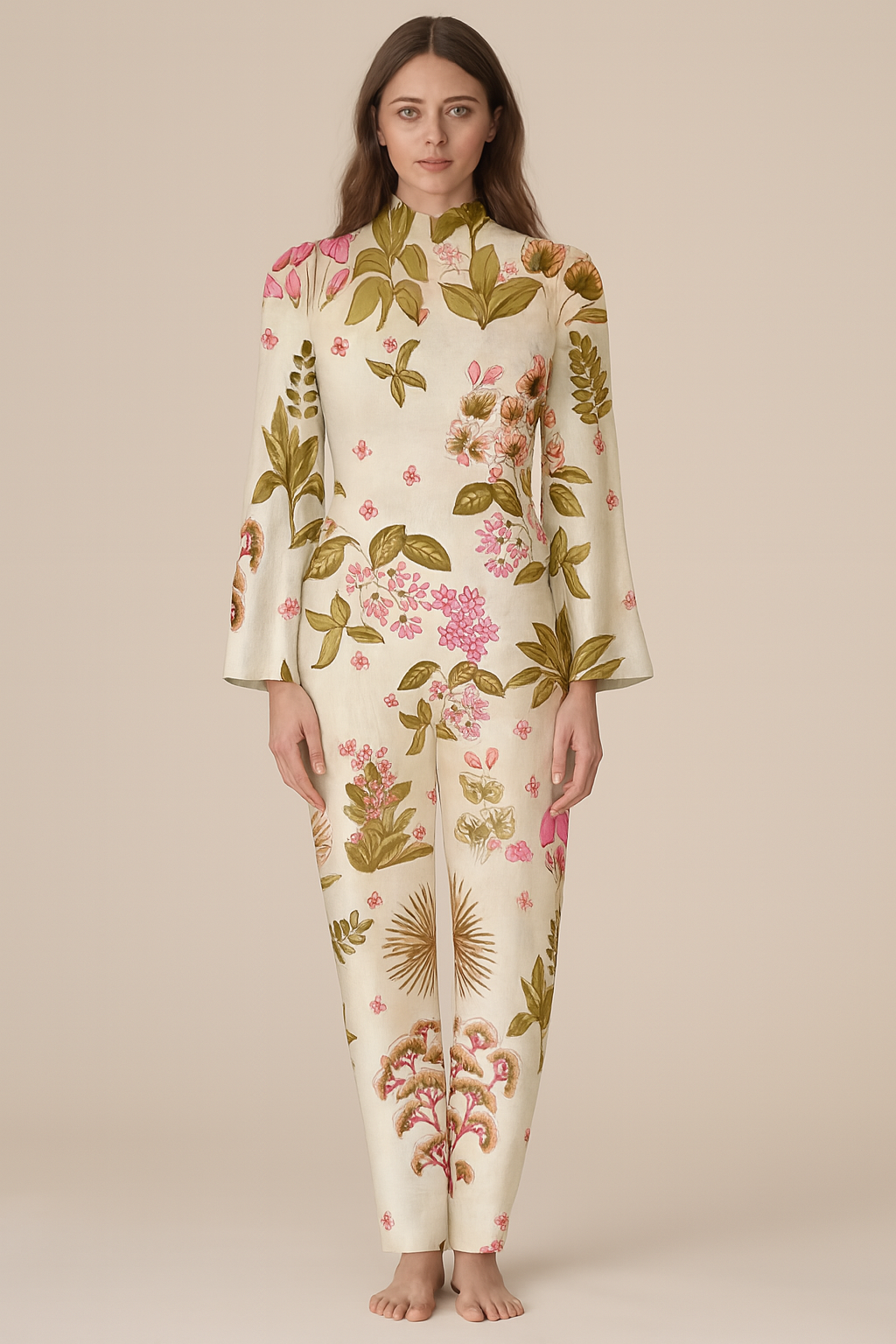 Jumpsuits | Natural | Chinese | Straight | Flared-Full Cotton | Floral