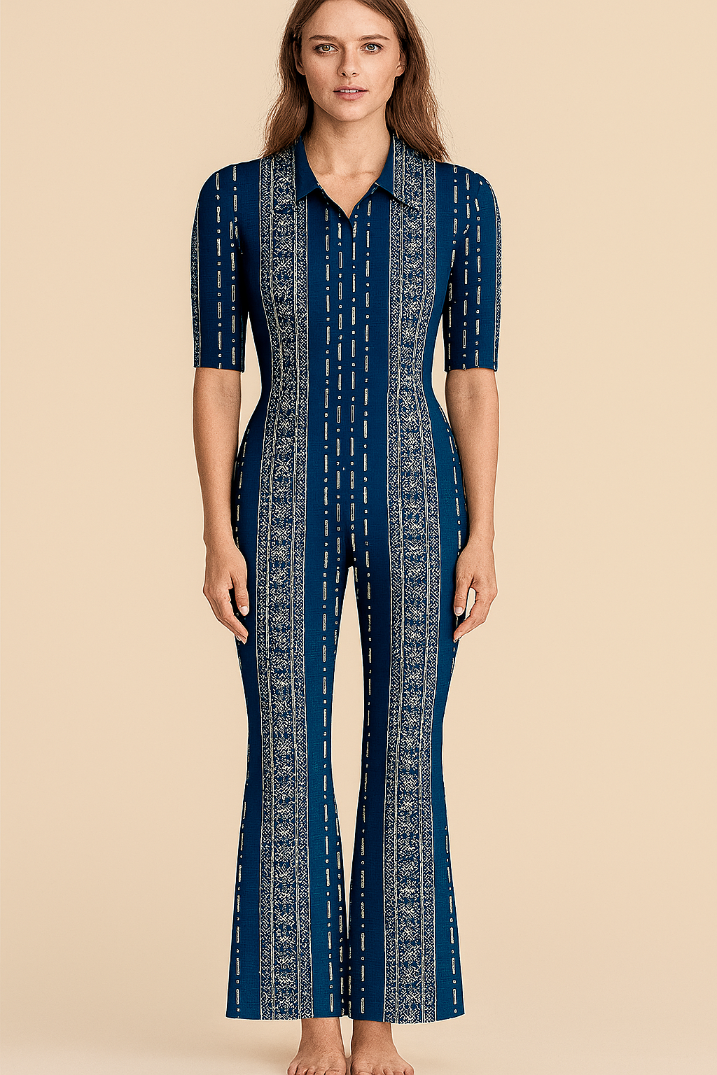 Jumpsuits | Natural | Collar With Buttons | Bell | Elbow Rayon | Blue ajrak