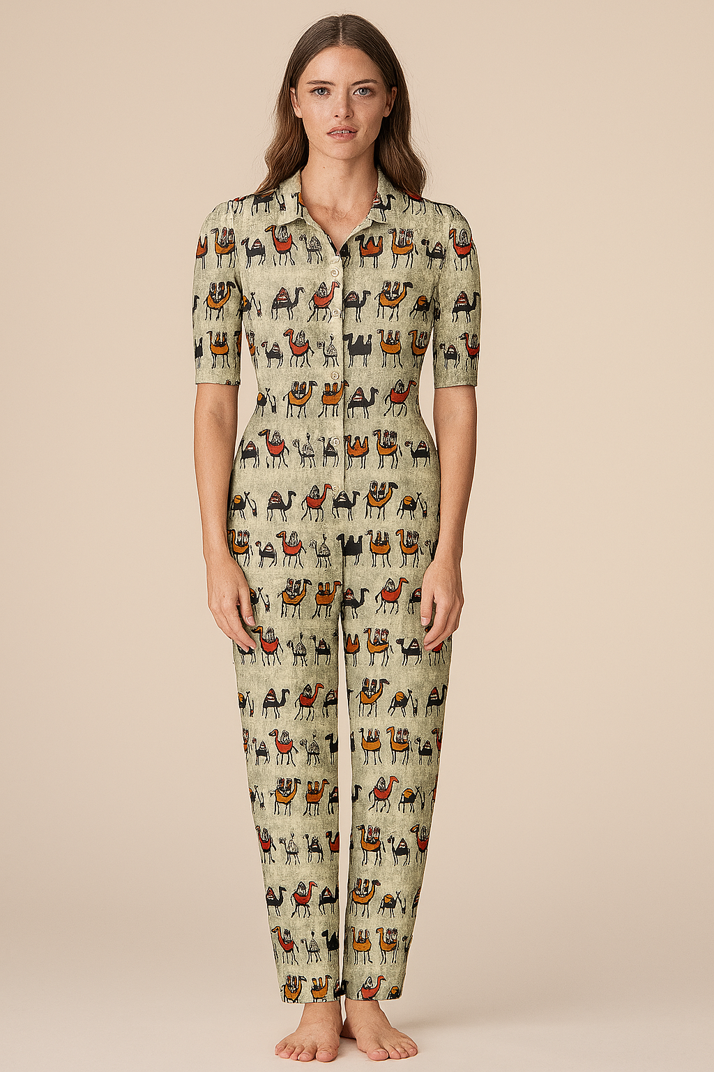 Jumpsuits | Natural | Collar With Buttons | Straight | Elbow Cotton | Camels