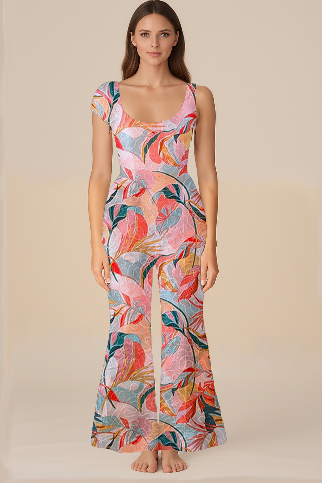 Jumpsuits for Women | Natural | Deep U | Flared | One Shoulder Cap | Georgette Tropical pink