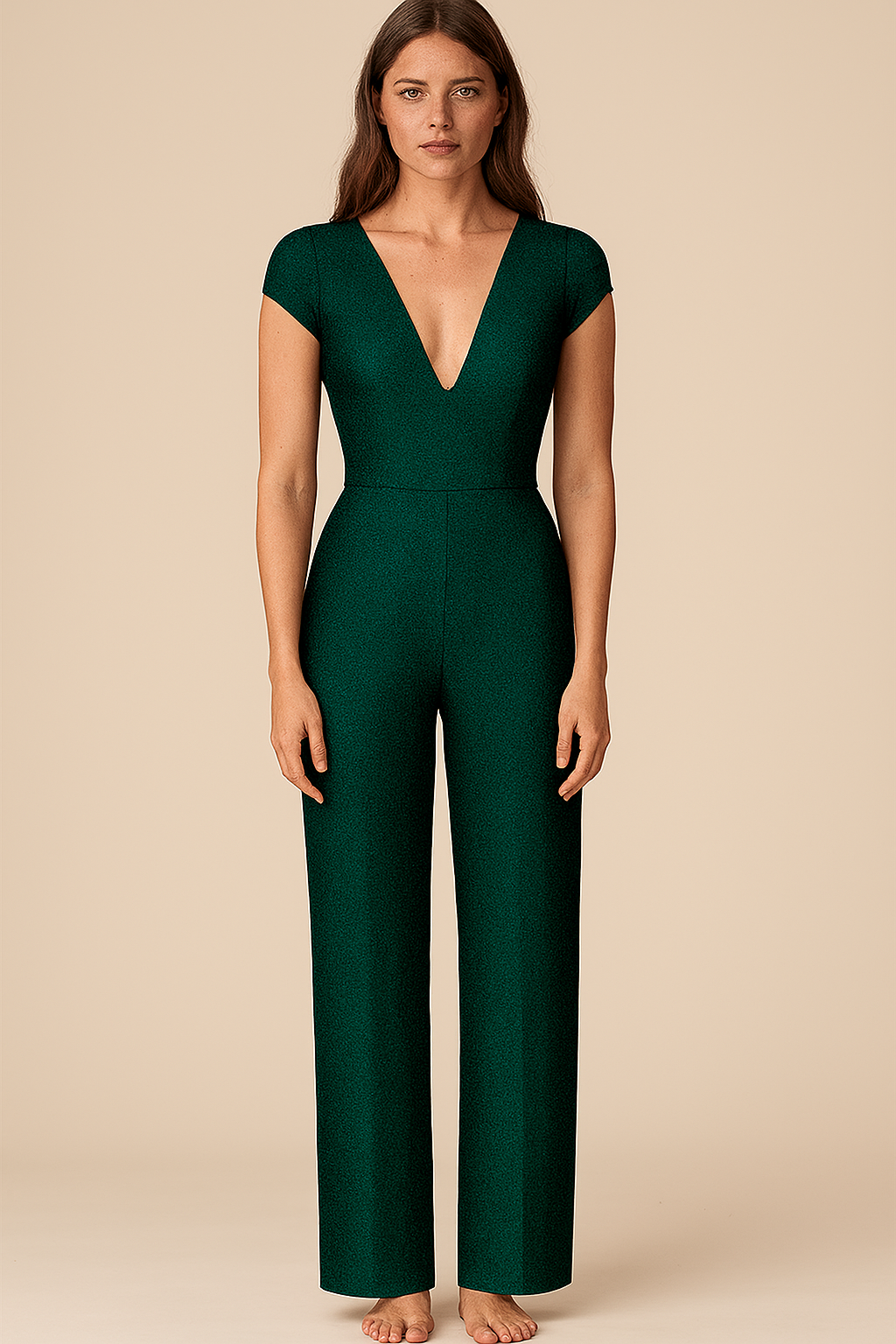 Jumpsuits | Natural | Plunging V | Loose | Cap Velvet | Green